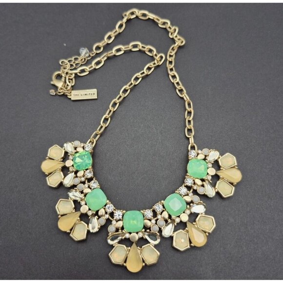 The Limited Statement Necklace Green Faux Stones Crystals & Gold Tone Chain 20" - Picture 6 of 8